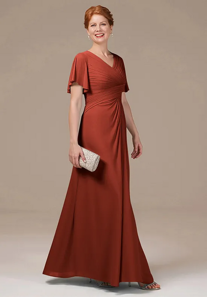 Elegant A-Line V-Neck Ruched Flutter-Sleeve Floor-Length Mother of the Bride Dress