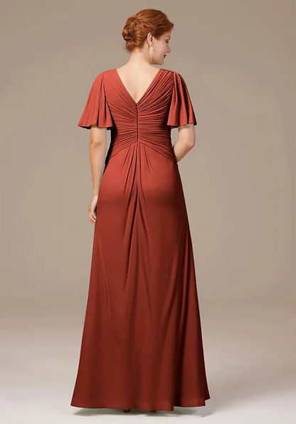 Elegant A-Line V-Neck Ruched Flutter-Sleeve Floor-Length Mother of the Bride Dress