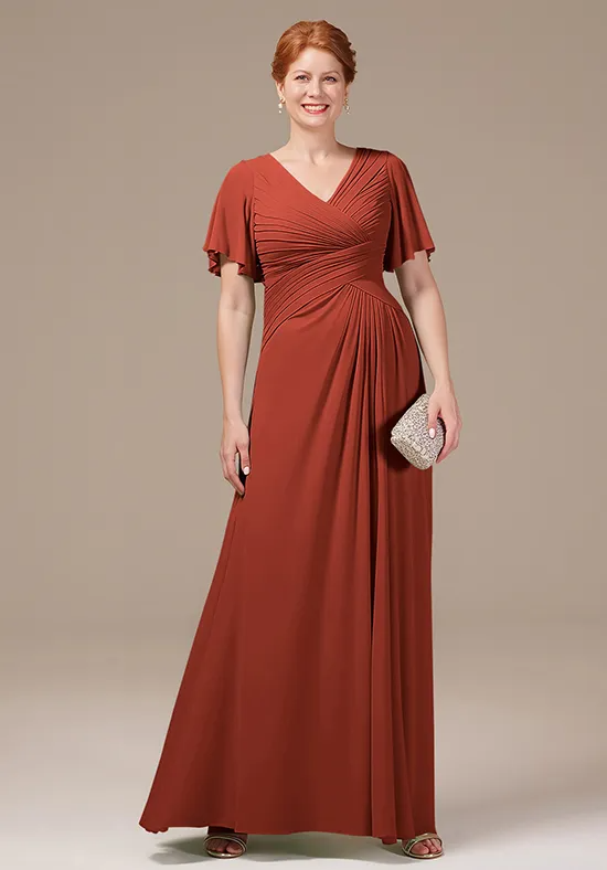 Elegant A-Line V-Neck Ruched Flutter-Sleeve Floor-Length Mother of the Bride Dress
