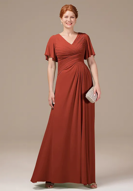 V-Neck Ruched Flutter-Sleeve A-Line Floor-Length Mother of the Bride Dresses