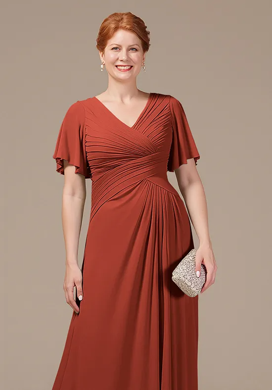 Elegant A-Line V-Neck Ruched Flutter-Sleeve Floor-Length Mother of the Bride Dress