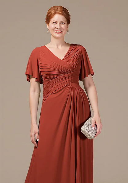 Elegant A-Line V-Neck Ruched Flutter-Sleeve Floor-Length Mother of the Bride Dress
