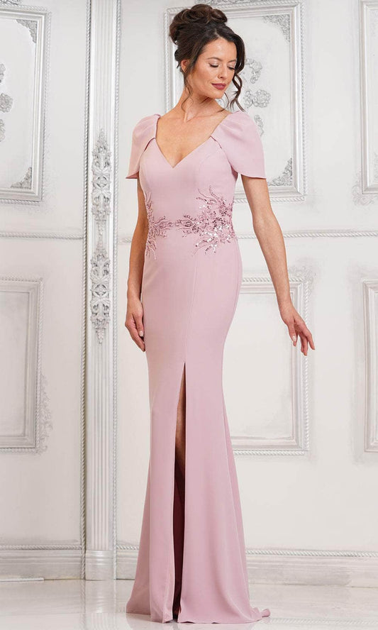 V-Neck Short-Sleeve Embellished Slit Floor Length Mother of the Bride Dress
