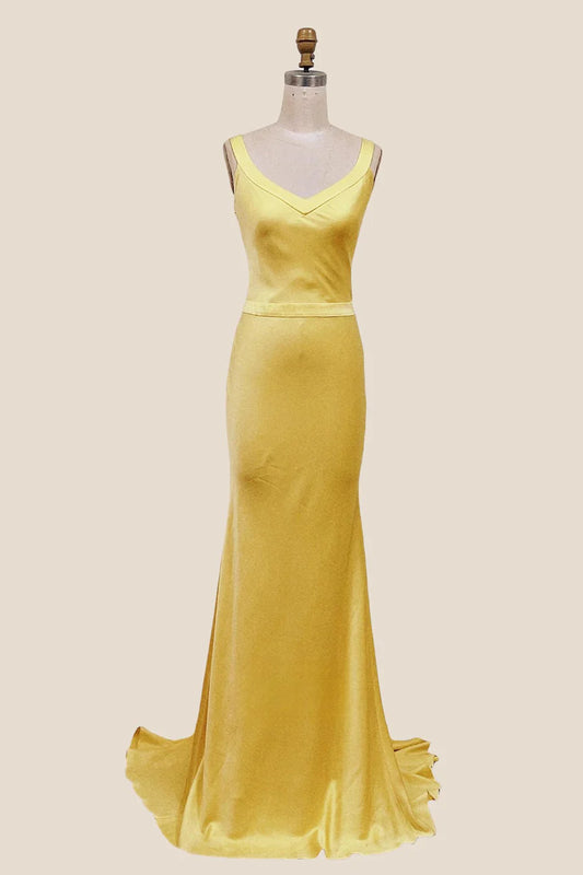 V-Neck Sleeveless Satin Mermaid Evening Dress with Crisscross Back