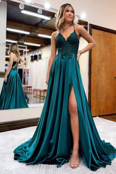 V-Neck Spaghetti Strap Lace-Bodice Satin A-Line Prom Dresses