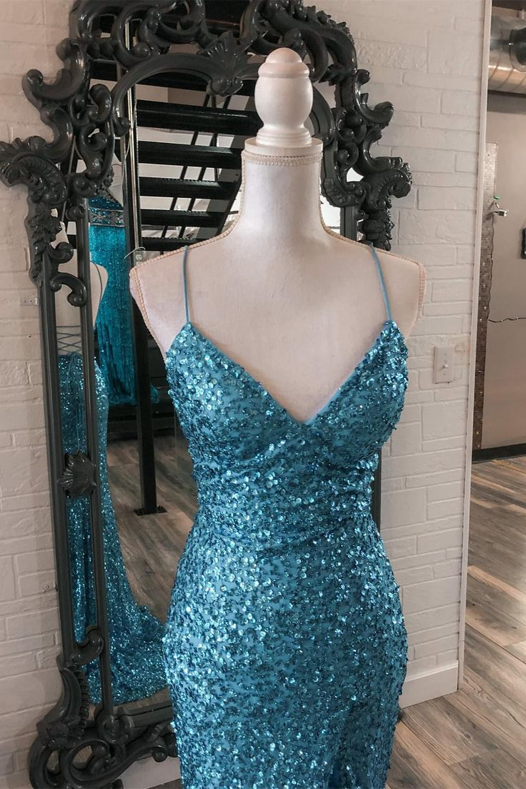 V-Neck Spaghetti Strap Lace-Up Back Glitter Mermaid Prom Dresses