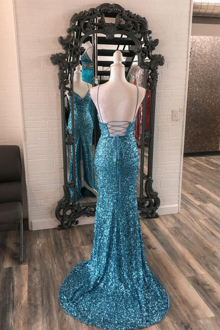 V-Neck Spaghetti Strap Lace-Up Back Glitter Mermaid Prom Dresses