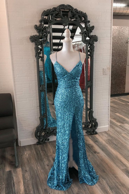 V-Neck Spaghetti Strap Lace-Up Back Glitter Mermaid Prom Dresses
