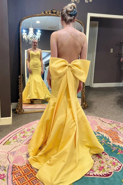 V-Neck Spaghetti Strap Mermaid Evening Dress with Crisscross Open Back, Oversized Bow & Sweep Train