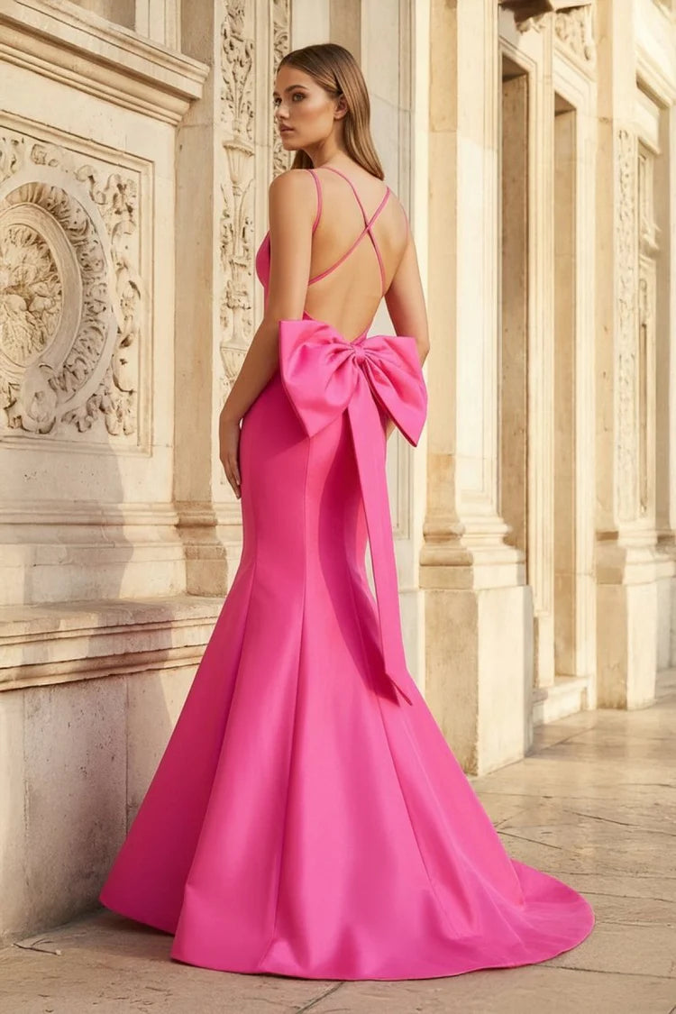 V-Neck Spaghetti Strap Mermaid Evening Dress with Crisscross Open Back, Oversized Bow & Sweep Train