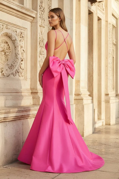 V-Neck Spaghetti Strap Mermaid Evening Dress with Crisscross Open Back, Oversized Bow & Sweep Train
