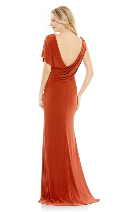 V-neck asymmetrical shoulder exposed back and floor length Evening dress