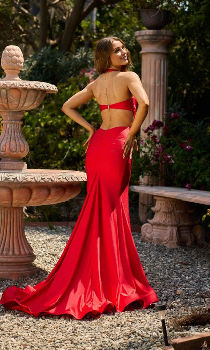 V-neck hanging neck sleeveless backless side slit mermaid and floor length evening dress