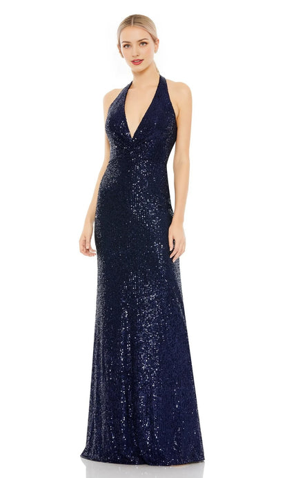 V-neck hanging neck sleeveless off shoulder sequin backless and floor length evening dress