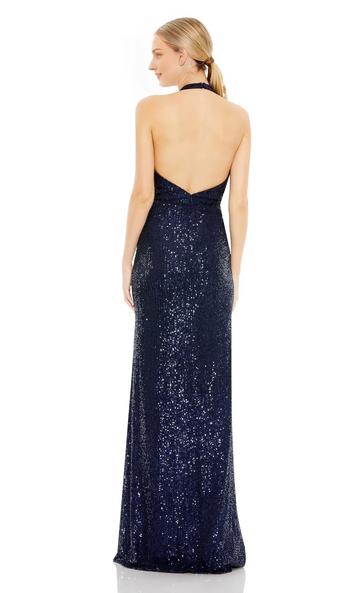 V-neck hanging neck sleeveless off shoulder sequin backless and floor length evening dress