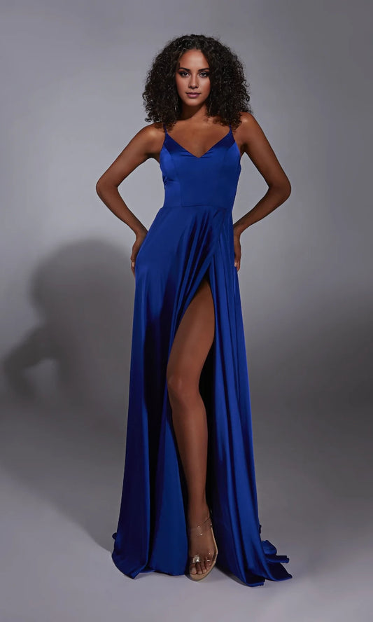 V-neckline off shoulder sleeveless thin shoulder strap backless side slit and floor length Prom dress