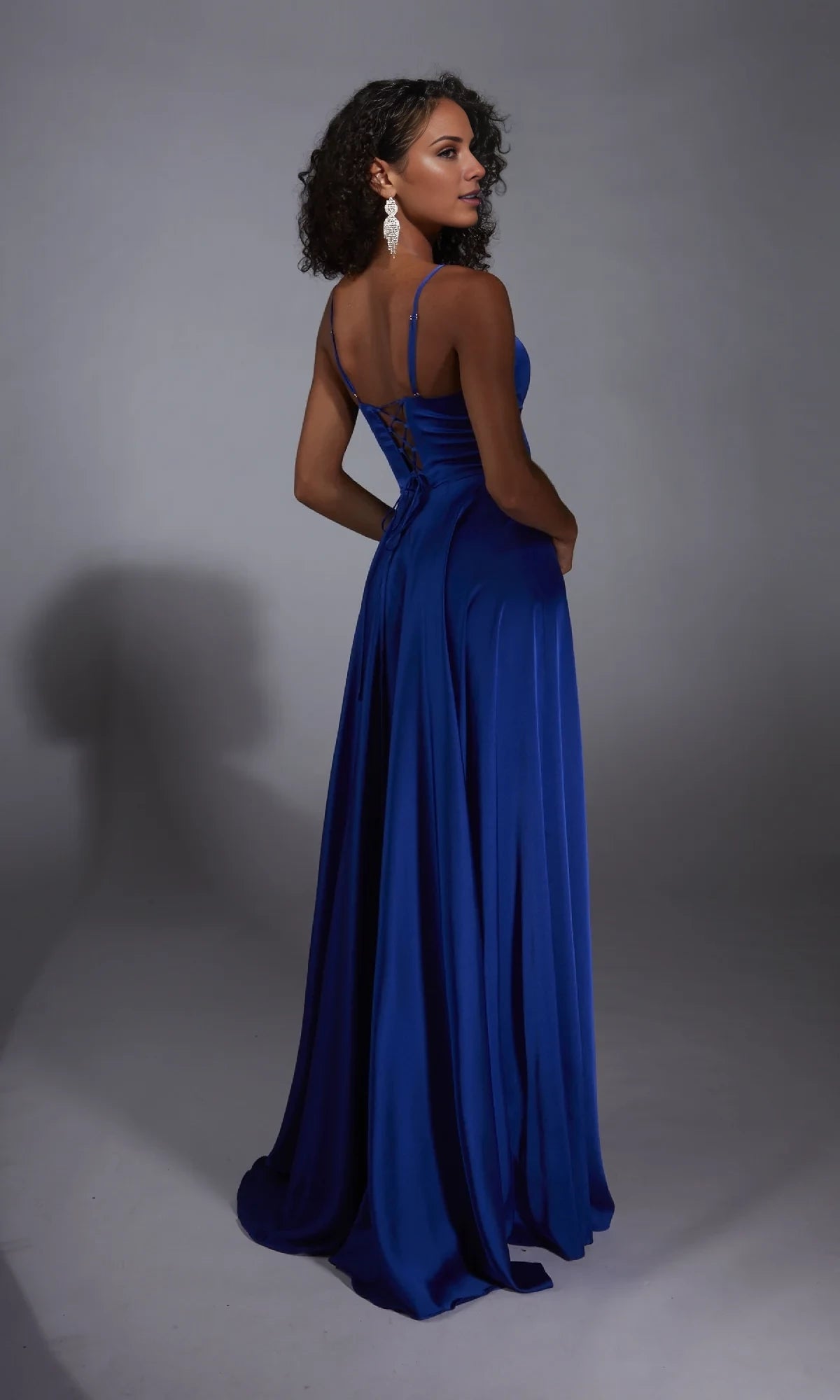 V-neckline off shoulder sleeveless thin shoulder strap backless side slit and floor length Prom dress