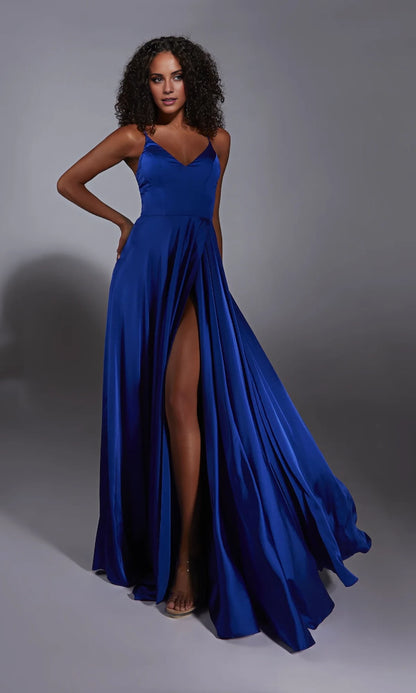 V-neckline off shoulder sleeveless thin shoulder strap backless side slit and floor length Prom dress