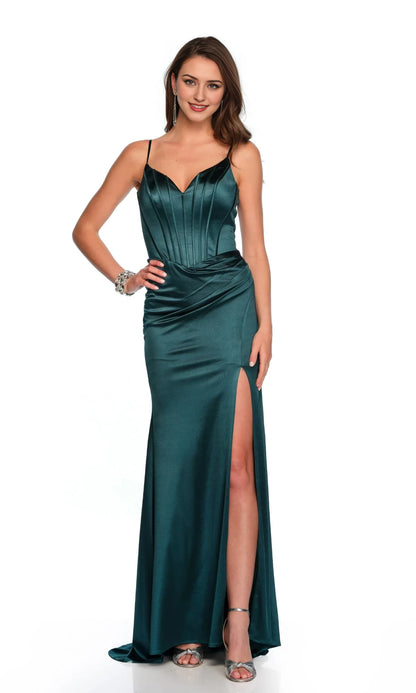 V-neckline off shoulder sleeveless thin shoulder strap backless side slit and floor length evening dress