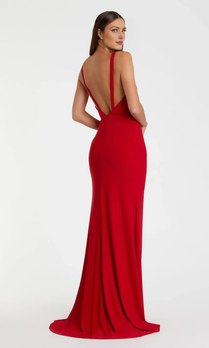 V-neck off shoulder sleeveless backless side slit and floor length Prom dress