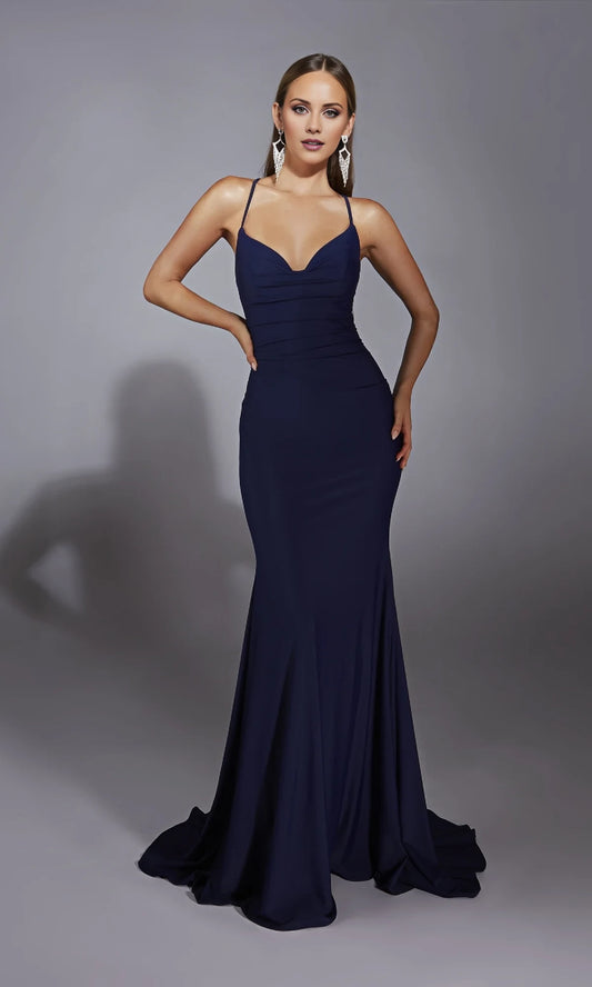 V-neck off shoulder sleeveless thin shoulder strap backless mermaid and floor length Prom dress