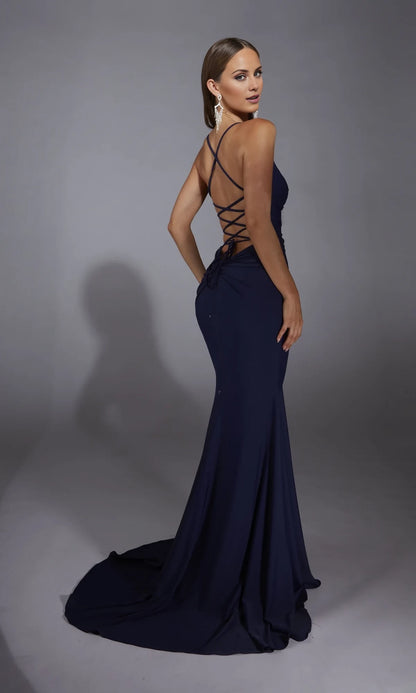 V-neck off shoulder sleeveless thin shoulder strap backless mermaid and floor length Prom dress