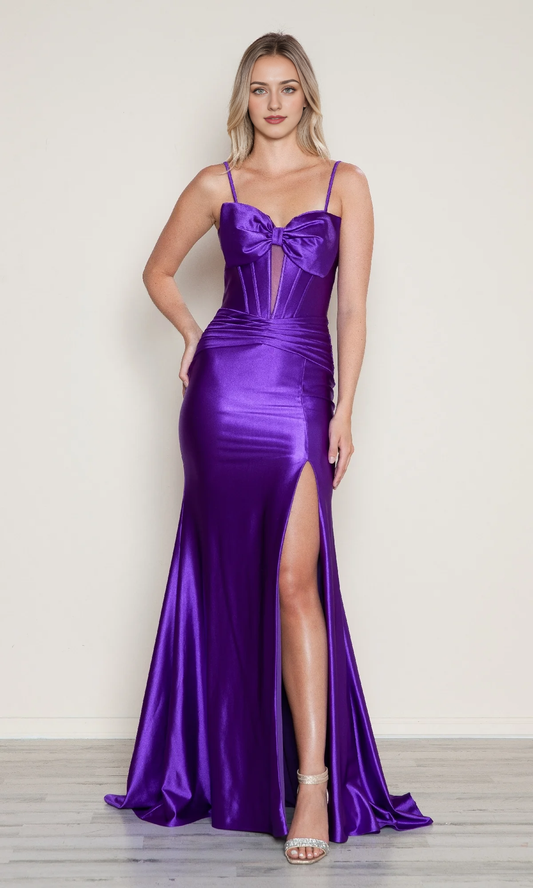 V-neck sleeveless backless thin shoulder strap with side slit and floor length evening dress