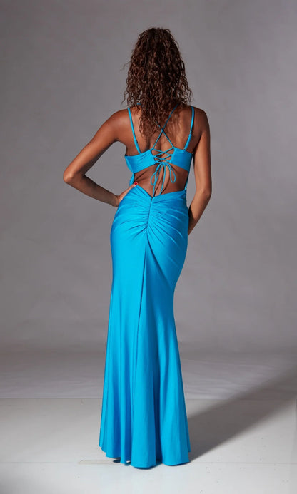 V-neck sleeveless thin shoulder strap backless side slit and floor length evening dress