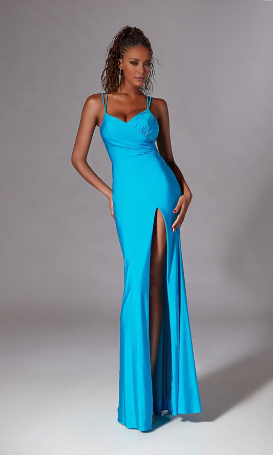 V-neck sleeveless thin shoulder strap backless side slit and floor length evening dress