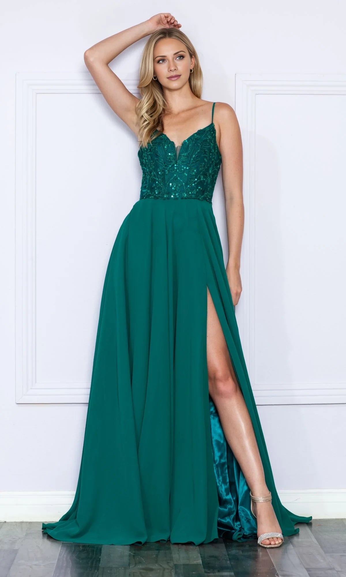 V-neck sleeveless thin shoulder strap sequin backless side slit and floor length evening dress