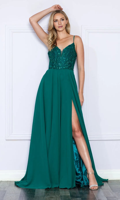 V-neck sleeveless thin shoulder strap sequin backless side slit and floor length evening dress