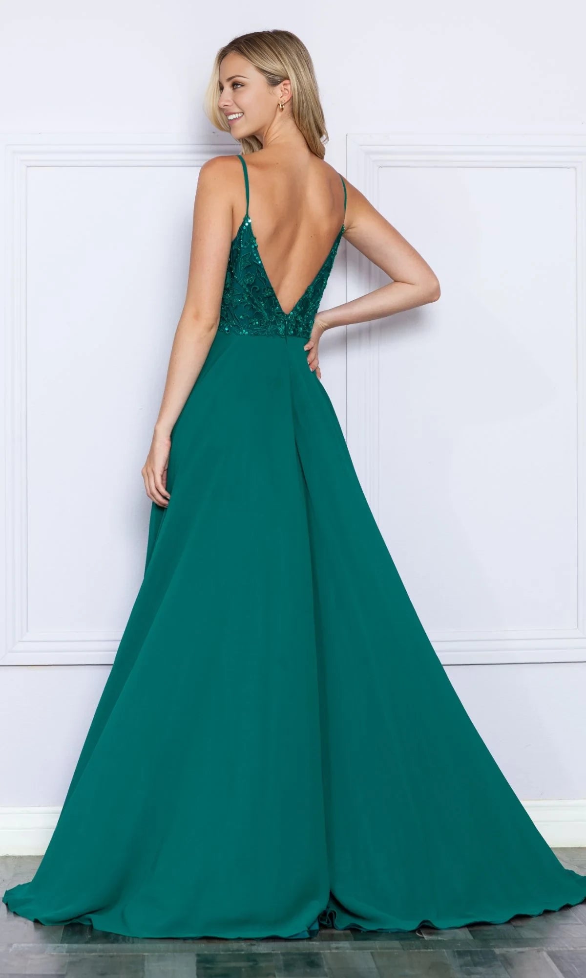 V-neck sleeveless thin shoulder strap sequin backless side slit and floor length evening dress