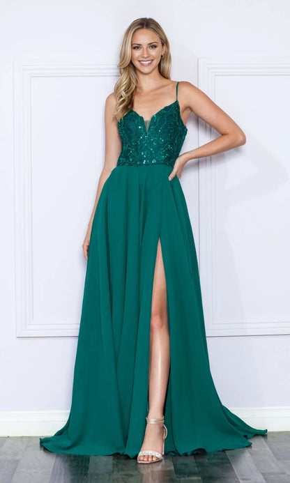 V-neck sleeveless thin shoulder strap sequin backless side slit and floor length evening dress