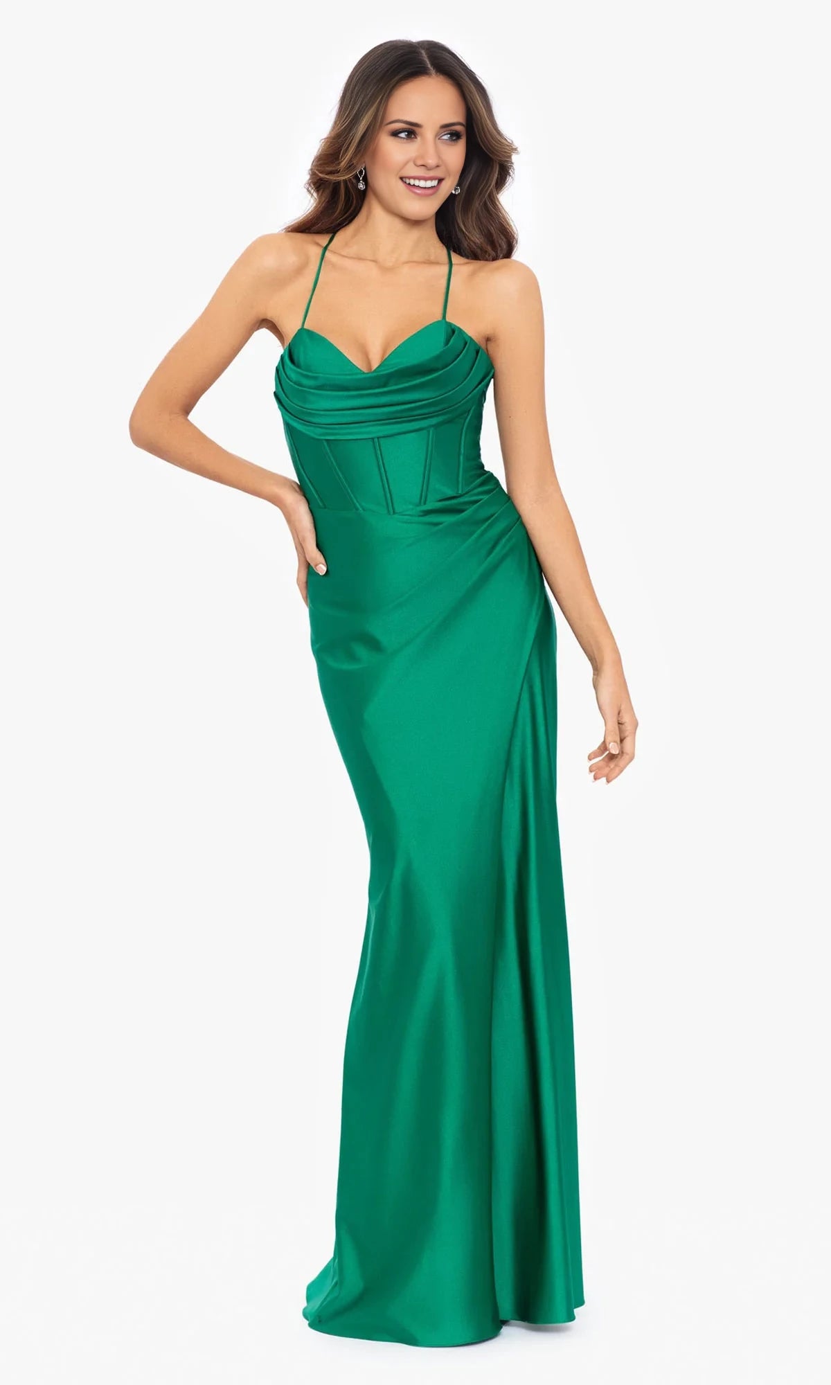 V-neck sleeveless thin shoulder strap with exposed back pleat details and floor length evening dress