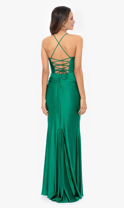 V-neck sleeveless thin shoulder strap with exposed back pleat details and floor length evening dress