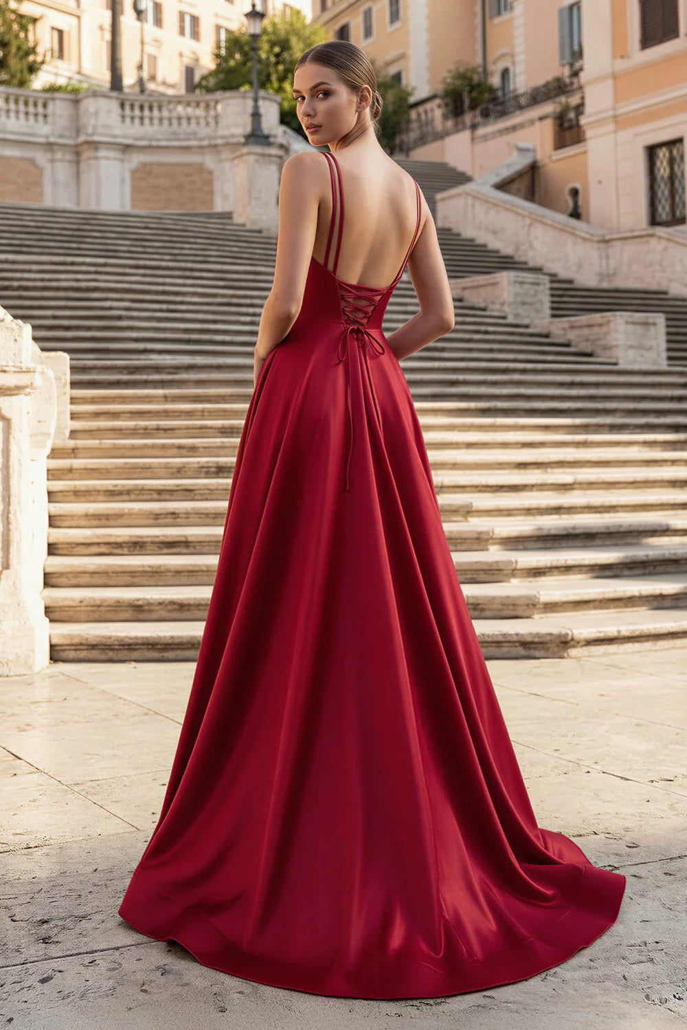 V Neck Double Spaghetti Strap Satin Prom Dress Lace Up Back High Slit Sweep Train Formal Evening Gown