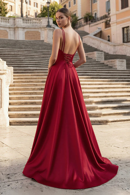 V Neck Double Spaghetti Strap Satin Prom Dress Lace Up Back High Slit Sweep Train Formal Evening Gown