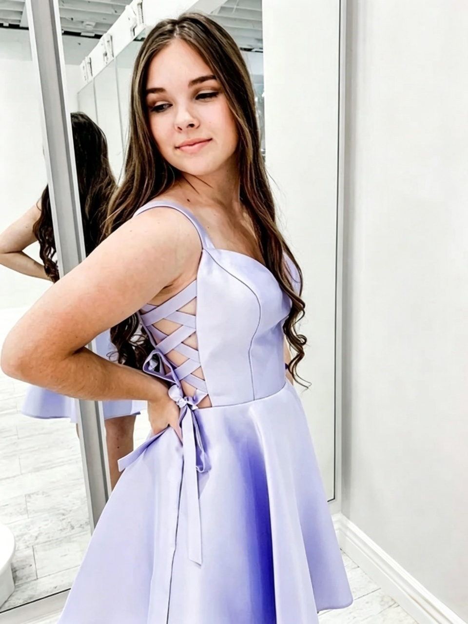 V Neck Spaghetti Strap Side Criss Cross Lace Up Bow Satin Skater Mini Homecoming Dresses