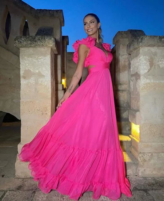Vibrant A-Line Deep-V Ruffled-Sleeve Lace-Up-Back Tiered Hot Pink Chiffon Prom Dress