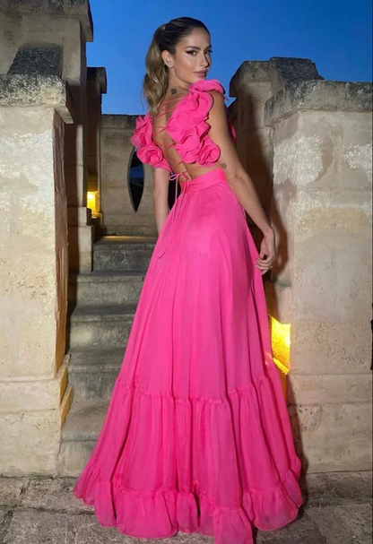Vibrant Chiffon A-Line Deep V Ruffled-Sleeve Lace-Up Hot Pink Tiered Prom Dress