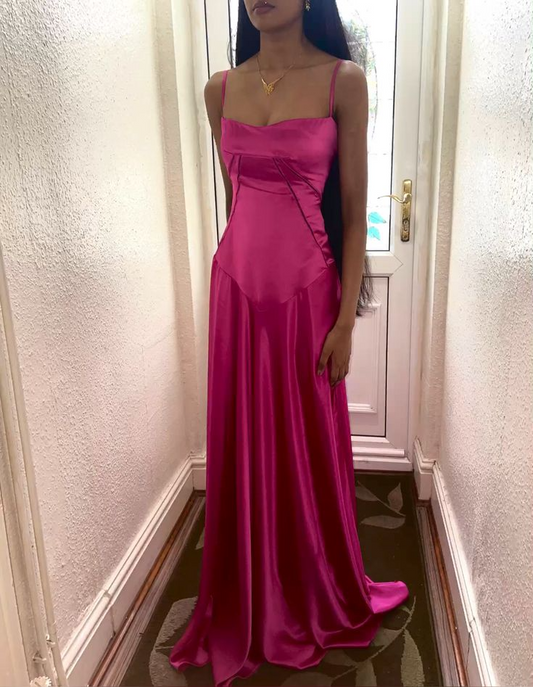 Vibrant A-Line Square-Neck Thin-Strap Lace-Up-Back Floor-Length Pink Satin Prom Dress