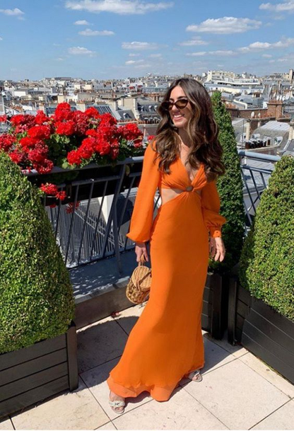 Vibrant A-Line V Neck Long Sleeve Open Waist Open Back Floor Length Prom Dress