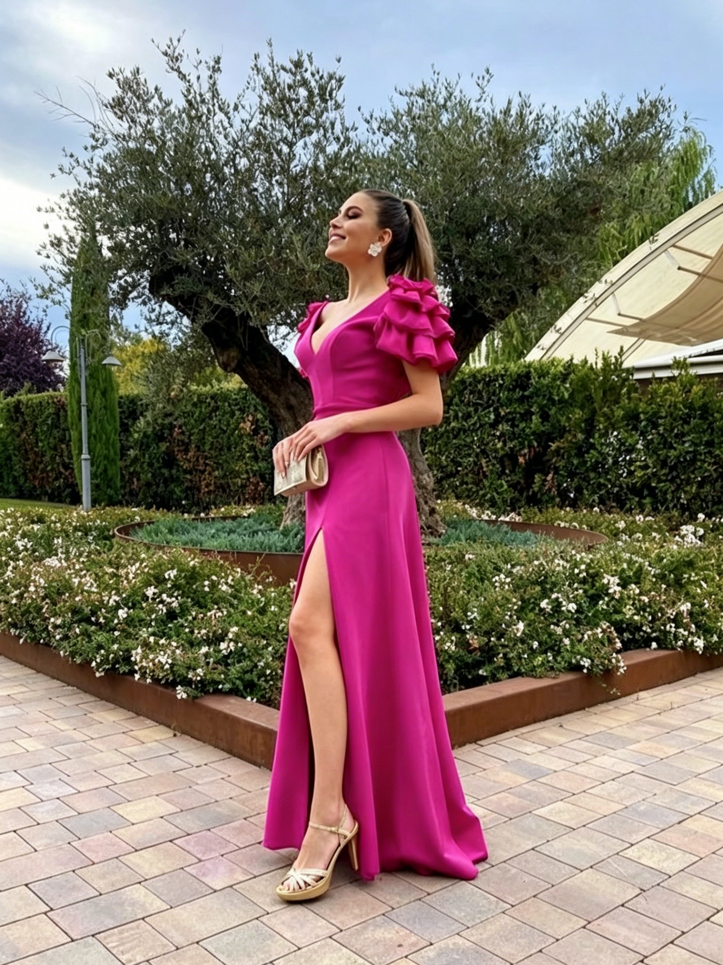 Vibrant A-Line V Neck Ruffle Short Sleeve Open Back Slit Floor Length Prom Dress