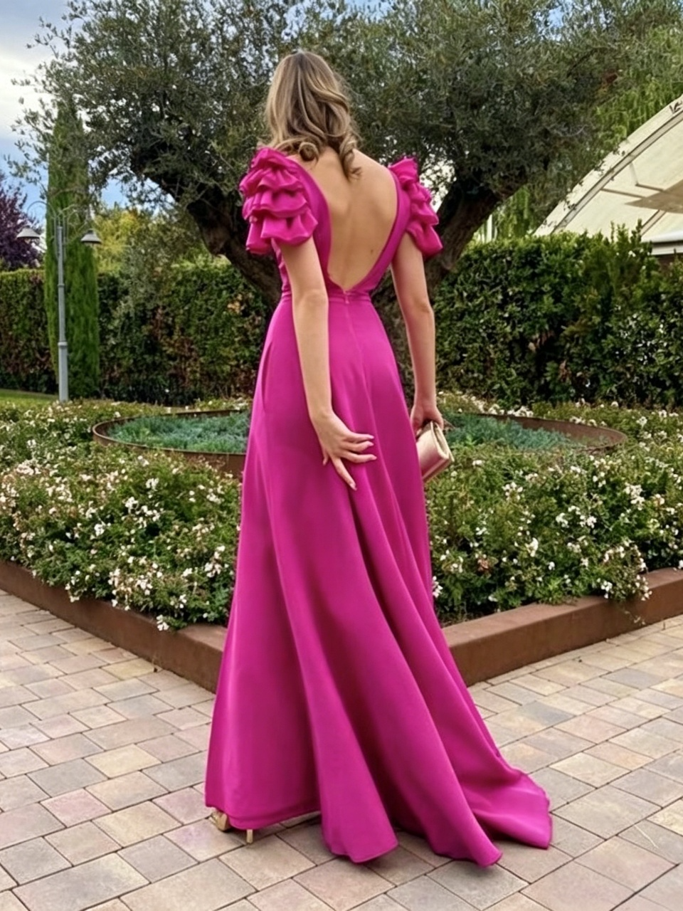 Vibrant A-Line V Neck Ruffle Short Sleeve Open Back Slit Floor Length Prom Dress