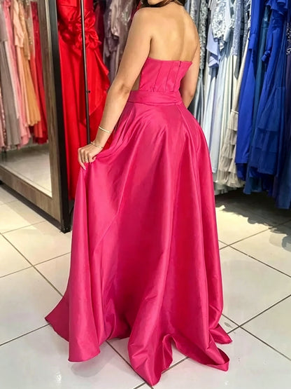 Vibrant Satin Ball Gown Strapless Sweetheart Corset Slit Evening Dress