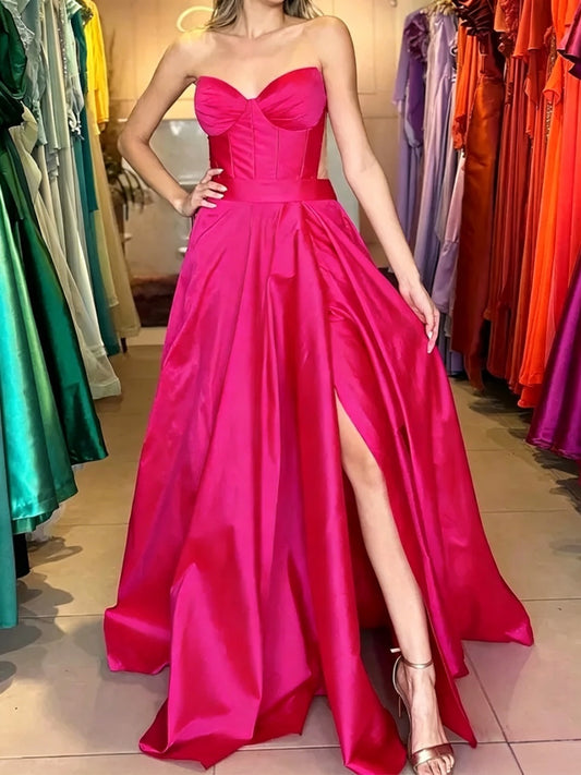 Vibrant Ball Gown Strapless Sweetheart Corset Side Cutout Slit Floor Length Satin Evening Dress