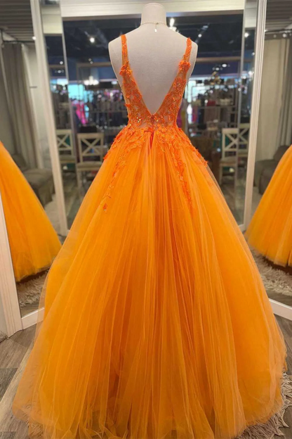 Vibrant Ball Gown V Neck Sleeveless Lace Appliqué Open Back Floor Length Prom Dress
