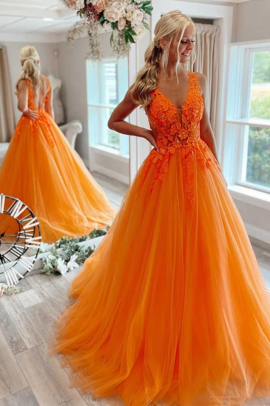 Vibrant Ball Gown V Neck Sleeveless Lace Appliqué Open Back Floor Length Prom Dress