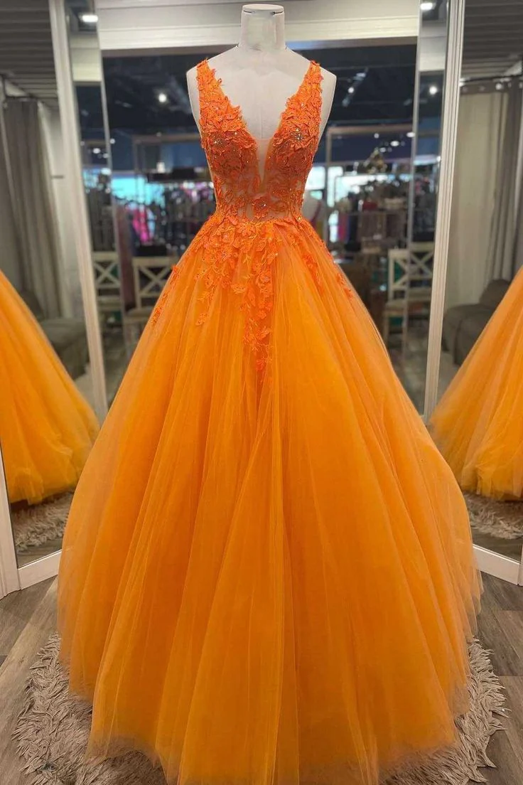 Vibrant Ball Gown V Neck Sleeveless Lace Appliqué Open Back Floor Length Prom Dress