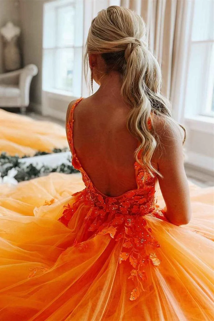 Vibrant Ball Gown V Neck Sleeveless Lace Appliqué Open Back Floor Length Prom Dress